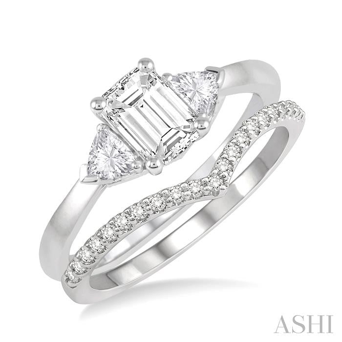 1/2 Ctw Diamond Wedding Set With 3/8 Ctw Octagon Emerald & Triangular Cut Engagement Ring and 1/10 Ctw Wedding Band in 14K White Gold