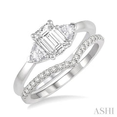 1/2 Ctw Diamond Wedding Set With 3/8 Ctw Octagon Emerald & Triangular Cut Engagement Ring and 1/10 Ctw Wedding Band in 14K White Gold