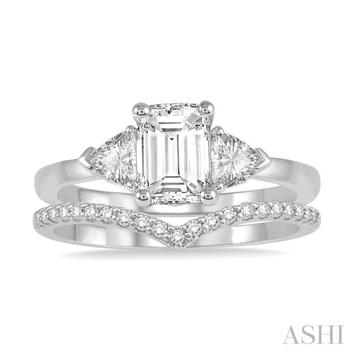 1/2 Ctw Diamond Wedding Set With 3/8 Ctw Octagon Emerald & Triangular Cut Engagement Ring and 1/10 Ctw Wedding Band in 14K White Gold