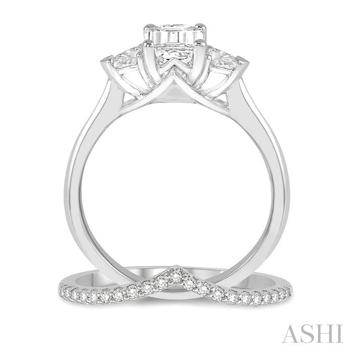 1/2 Ctw Diamond Wedding Set With 3/8 Ctw Octagon Emerald & Triangular Cut Engagement Ring and 1/10 Ctw Wedding Band in 14K White Gold