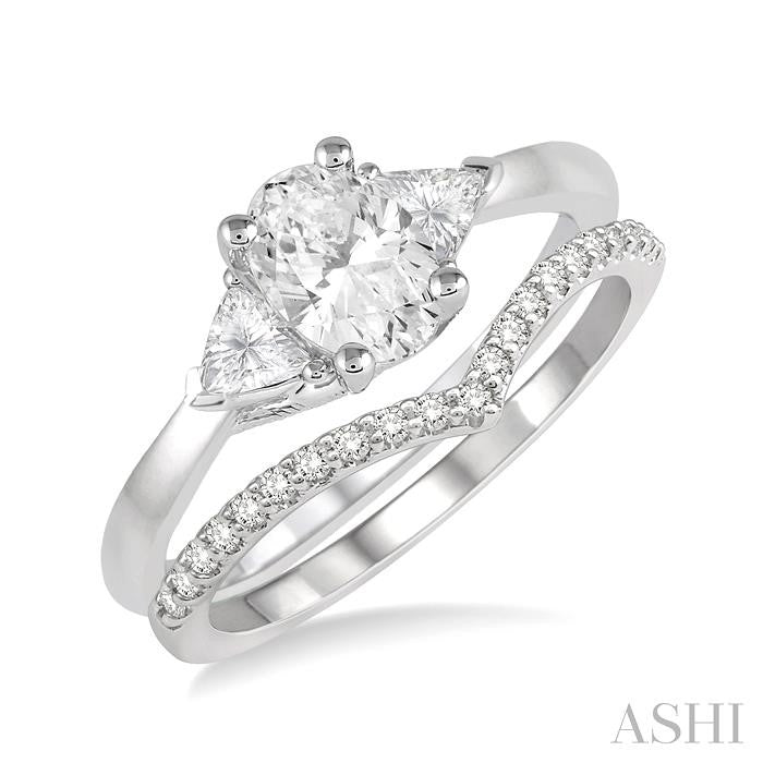 1/2 Ctw Diamond Wedding Set With 3/8 Ctw Oval & Triangular Cut Engagement Ring and 1/10 Ctw Wedding Band in 14K White Gold
