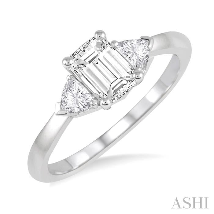 3/8 Ctw Emerald and Triangle Cut Diamond Ladies Engagement Ring with 1/4 Ct Emerald Cut Center Stone in 14K White Gold