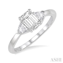 3/8 Ctw Emerald and Triangle Cut Diamond Ladies Engagement Ring with 1/4 Ct Emerald Cut Center Stone in 14K White Gold