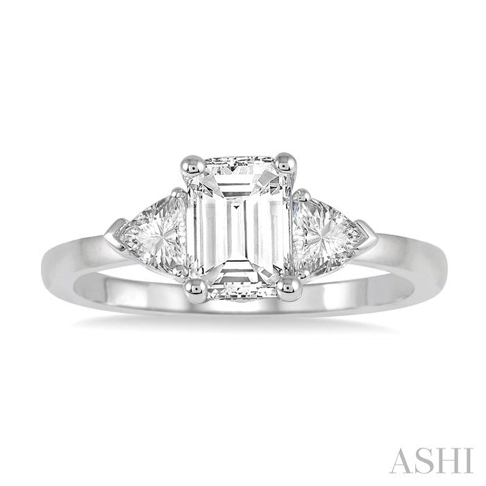 3/8 Ctw Emerald and Triangle Cut Diamond Ladies Engagement Ring with 1/4 Ct Emerald Cut Center Stone in 14K White Gold