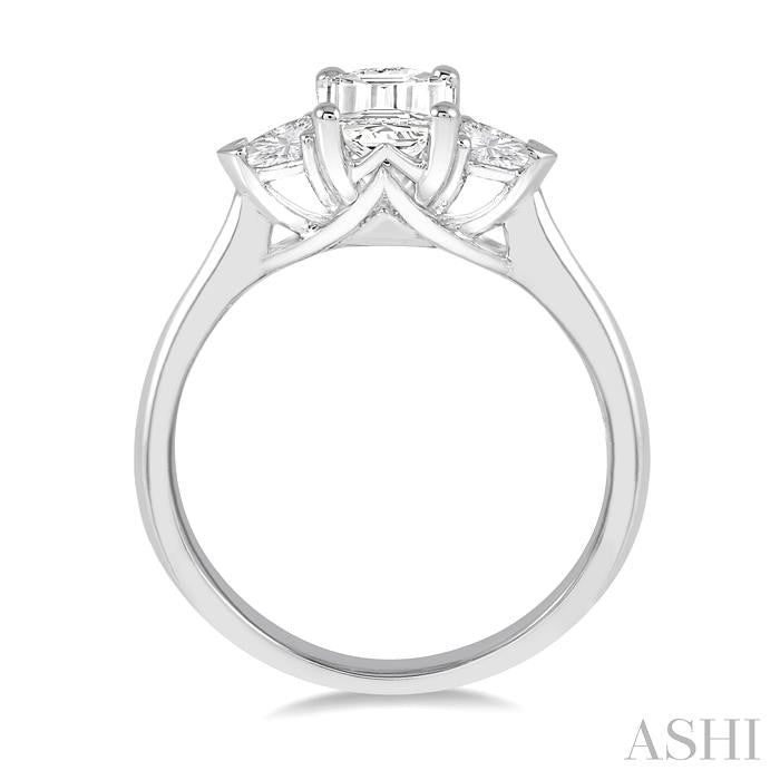 3/8 Ctw Emerald and Triangle Cut Diamond Ladies Engagement Ring with 1/4 Ct Emerald Cut Center Stone in 14K White Gold