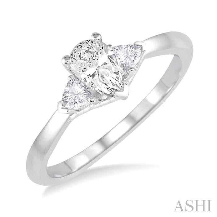 3/8 Ctw Pear and Triangle Cut Diamond Ladies Engagement Ring with 1/4 Ct Pear Cut Center Stone in 14K White Gold