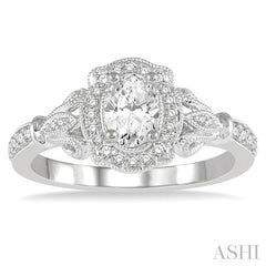 5/8 Ctw Lattice Shank Oval and Round Cut Diamond Ladies Engagement Ring with 3/8 Ct Oval Cut Center Stone in 14K White Gold