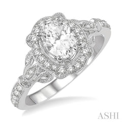 1/3 Ctw Lattice Oval Shape Semi-Mount Round Cut Diamond Engagement Ring in 14K White Gold