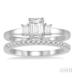 3/4 Ctw Diamond Wedding Set With 5/8 Ctw Octagonal & Baguette Engagement Ring and 1/8 Ctw Round Cut Diamond Wedding Band in 14K White Gold