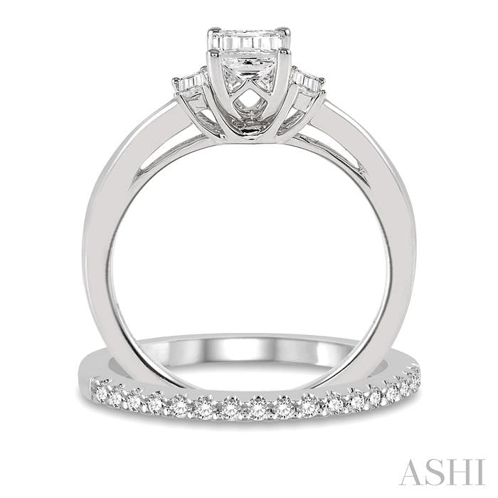 3/4 Ctw Diamond Wedding Set With 5/8 Ctw Octagonal & Baguette Engagement Ring and 1/8 Ctw Round Cut Diamond Wedding Band in 14K White Gold