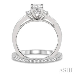 3/4 Ctw Diamond Wedding Set With 5/8 Ctw Octagonal & Baguette Engagement Ring and 1/8 Ctw Round Cut Diamond Wedding Band in 14K White Gold