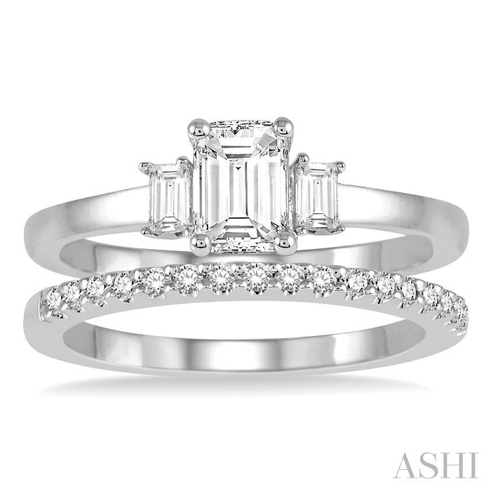 3/4 Ctw Diamond Wedding Set With 5/8 Ctw Octagonal & Baguette Engagement Ring and 1/8 Ctw Round Cut Diamond Wedding Band in 14K White Gold