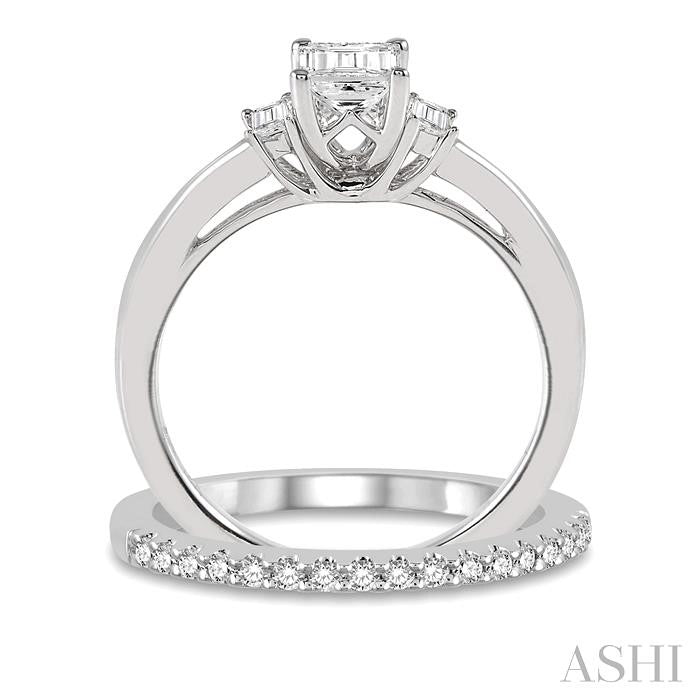 3/4 Ctw Diamond Wedding Set With 5/8 Ctw Octagonal & Baguette Engagement Ring and 1/8 Ctw Round Cut Diamond Wedding Band in 14K White Gold
