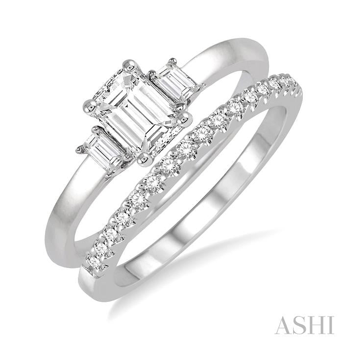 1/2 Ctw Diamond Wedding Set With 3/8 Ctw Octagonal & Baguette Engagement Ring and 1/10 Ctw Round Cut Diamond Wedding Band in 14K White Gold