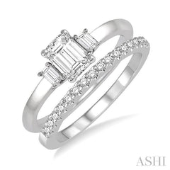 1/2 Ctw Diamond Wedding Set With 3/8 Ctw Octagonal & Baguette Engagement Ring and 1/10 Ctw Round Cut Diamond Wedding Band in 14K White Gold