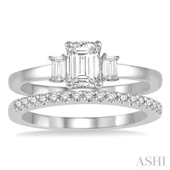 1/2 Ctw Diamond Wedding Set With 3/8 Ctw Octagonal & Baguette Engagement Ring and 1/10 Ctw Round Cut Diamond Wedding Band in 14K White Gold
