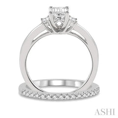 1/2 Ctw Diamond Wedding Set With 3/8 Ctw Octagonal & Baguette Engagement Ring and 1/10 Ctw Round Cut Diamond Wedding Band in 14K White Gold