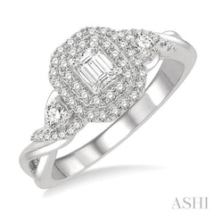 5/8 Ctw Emerald Shape Split Twisted Shank Round Cut Diamond Engagement Ring With 1/4 Ct Emerald Cut Center Stone in 14K White Gold