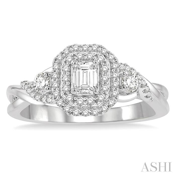5/8 Ctw Emerald Shape Split Twisted Shank Round Cut Diamond Engagement Ring With 1/4 Ct Emerald Cut Center Stone in 14K White Gold