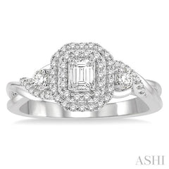 5/8 Ctw Emerald Shape Split Twisted Shank Round Cut Diamond Engagement Ring With 1/4 Ct Emerald Cut Center Stone in 14K White Gold