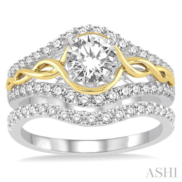 1 1/2 Ctw Diamond Wedding Set with 1 1/5 Ctw Round Cut Engagement Ring and 1/4 Ctw Wedding Band in 14K White and Yellow Gold