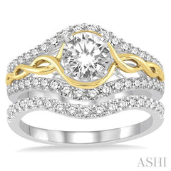 1 1/2 Ctw Diamond Wedding Set with 1 1/5 Ctw Round Cut Engagement Ring and 1/4 Ctw Wedding Band in 14K White and Yellow Gold