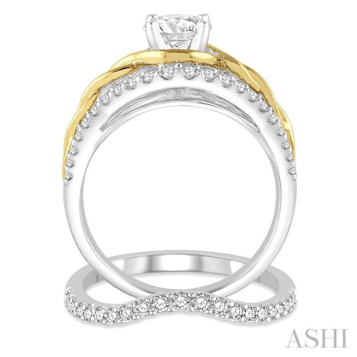 1 1/2 Ctw Diamond Wedding Set with 1 1/5 Ctw Round Cut Engagement Ring and 1/4 Ctw Wedding Band in 14K White and Yellow Gold