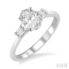5/8 Ctw Baguette and Oval Cut Diamond Engagement Ring with 1/2 Ct Oval Cut Center Stone in 14K White Gold
