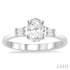5/8 Ctw Baguette and Oval Cut Diamond Engagement Ring with 1/2 Ct Oval Cut Center Stone in 14K White Gold