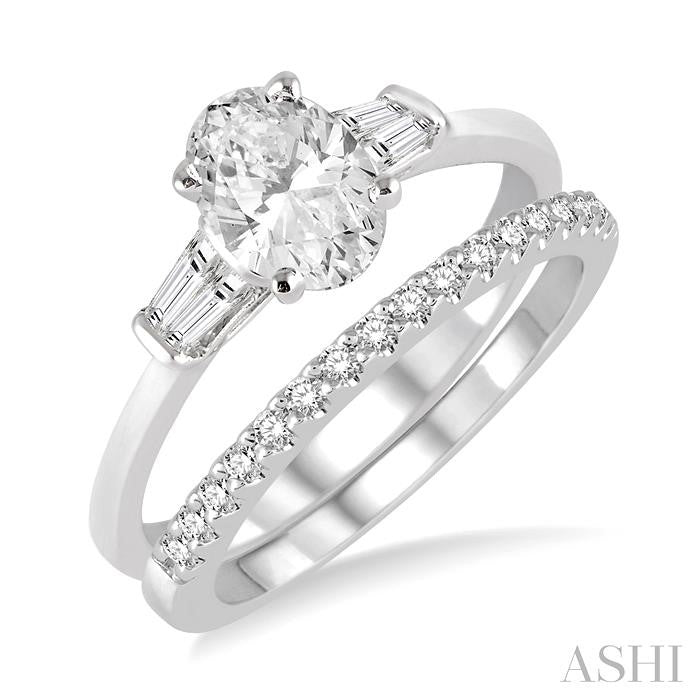 3/4 Ctw Diamond Wedding Set With 5/8 Ctw Baguette & Oval Cut Engagement Ring and 1/6 Ctw Round Cut Diamond Wedding Band in 14K White Gold