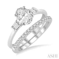 3/4 Ctw Diamond Wedding Set With 5/8 Ctw Baguette & Oval Cut Engagement Ring and 1/6 Ctw Round Cut Diamond Wedding Band in 14K White Gold