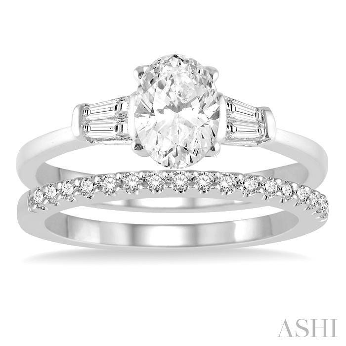 3/4 Ctw Diamond Wedding Set With 5/8 Ctw Baguette & Oval Cut Engagement Ring and 1/6 Ctw Round Cut Diamond Wedding Band in 14K White Gold