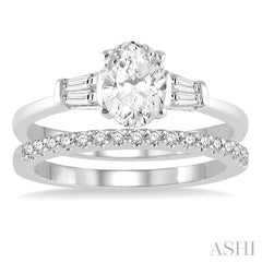 3/4 Ctw Diamond Wedding Set With 5/8 Ctw Baguette & Oval Cut Engagement Ring and 1/6 Ctw Round Cut Diamond Wedding Band in 14K White Gold