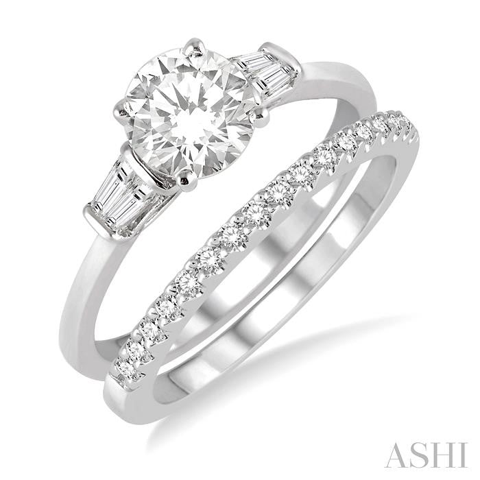 3/4 Ctw Diamond Wedding Set With 5/8 Ctw Baguette & Round Cut Engagement Ring and 1/6 Ctw Round Cut Diamond Wedding Band in 14K White Gold