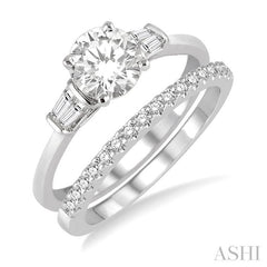 3/4 Ctw Diamond Wedding Set With 5/8 Ctw Baguette & Round Cut Engagement Ring and 1/6 Ctw Round Cut Diamond Wedding Band in 14K White Gold