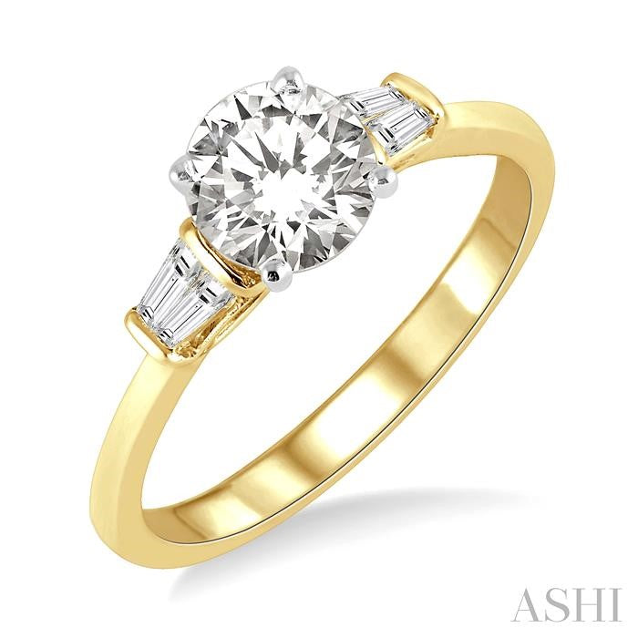 5/8 Ctw Baguette and Round Cut Diamond Ladies Engagement Ring with 1/2 Ct Round Cut Center Stone in 14K Yellow and White Gold