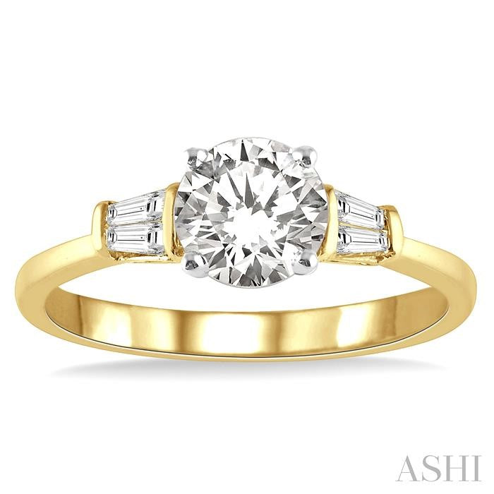 5/8 Ctw Baguette and Round Cut Diamond Ladies Engagement Ring with 1/2 Ct Round Cut Center Stone in 14K Yellow and White Gold