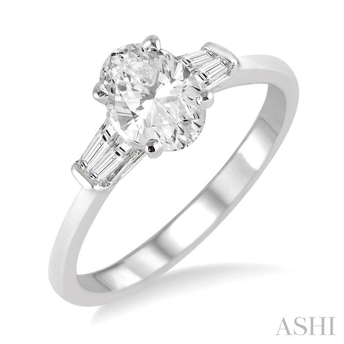5/8 Ctw Baguette and Oval Cut Diamond Engagement Ring with 1/2 Ct Oval Cut Center Stone in 14K White Gold