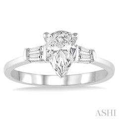 5/8 Ctw Baguette and Pear Cut Diamond Ladies Engagement Ring with 1/2 Ct Pear Cut Center Stone in 14K White Gold