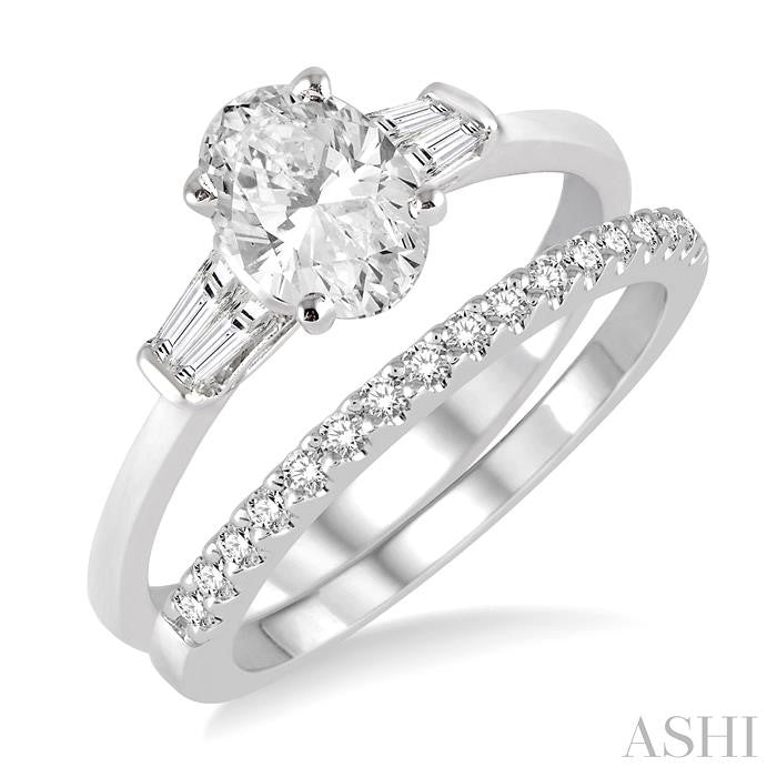 3/4 Ctw Diamond Wedding Set With 5/8 Ctw Baguette & Oval Cut Engagement Ring and 1/6 Ctw Round Cut Diamond Wedding Band in 14K White Gold