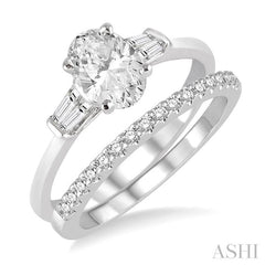 3/4 Ctw Diamond Wedding Set With 5/8 Ctw Baguette & Oval Cut Engagement Ring and 1/6 Ctw Round Cut Diamond Wedding Band in 14K White Gold