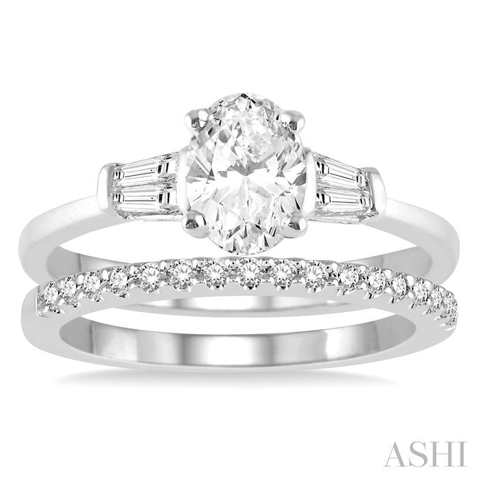 3/4 Ctw Diamond Wedding Set With 5/8 Ctw Baguette & Oval Cut Engagement Ring and 1/6 Ctw Round Cut Diamond Wedding Band in 14K White Gold