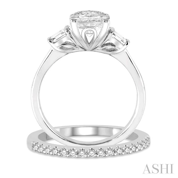 3/4 Ctw Diamond Wedding Set With 5/8 Ctw Baguette & Oval Cut Engagement Ring and 1/6 Ctw Round Cut Diamond Wedding Band in 14K White Gold