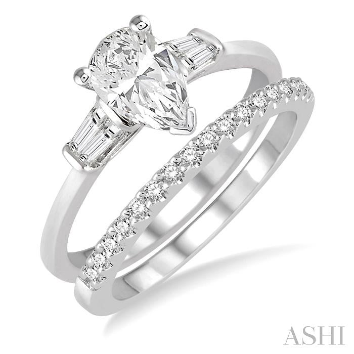 3/4 Ctw Diamond Wedding Set With 5/8 Ctw Baguette & Pear Cut Engagement Ring and 1/6 Ctw Round Cut Diamond Wedding Band in 14K White Gold