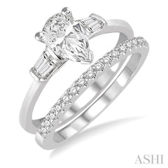 3/4 Ctw Diamond Wedding Set With 5/8 Ctw Baguette & Pear Cut Engagement Ring and 1/6 Ctw Round Cut Diamond Wedding Band in 14K White Gold