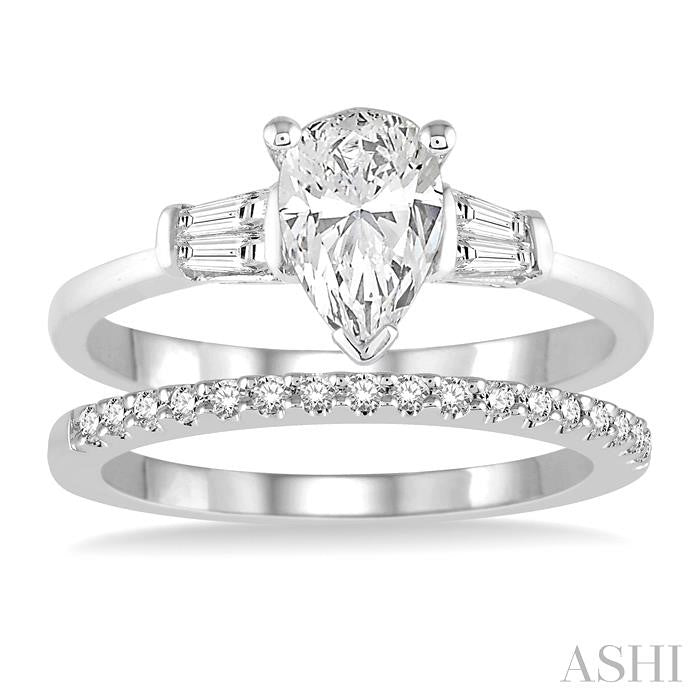 3/4 Ctw Diamond Wedding Set With 5/8 Ctw Baguette & Pear Cut Engagement Ring and 1/6 Ctw Round Cut Diamond Wedding Band in 14K White Gold