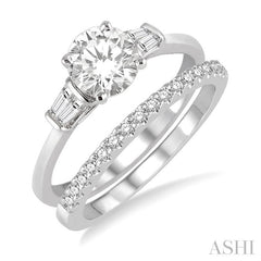 3/4 Ctw Diamond Wedding Set With 5/8 Ctw Baguette & Round Cut Engagement Ring and 1/6 Ctw Round Cut Diamond Wedding Band in 14K White Gold
