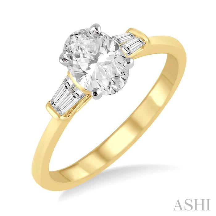 5/8 Ctw Baguette and Oval Cut Diamond Ladies Engagement Ring with 1/2 Ct Oval Cut Center Stone in 14K Yellow and White Gold