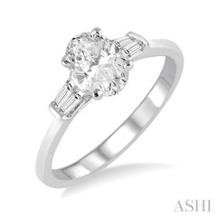 1/2 Ctw Baguette and Oval Cut Diamond Ladies Engagement Ring with 1/3 Ct Oval Cut Center Stone in 14K White Gold