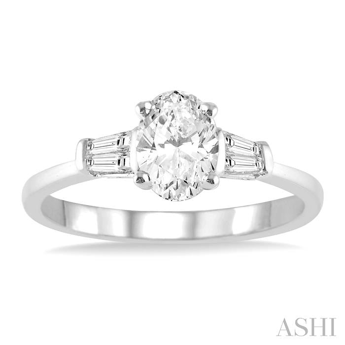 1/2 Ctw Baguette and Oval Cut Diamond Ladies Engagement Ring with 1/3 Ct Oval Cut Center Stone in 14K White Gold